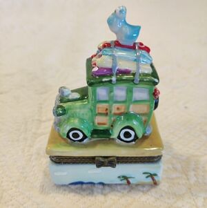 Kooky Porcelain Woody Wagon with Pelican Surf Boards Beachy Hinged Trinket Box